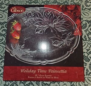 Gibson Holiday Time 13" Red Poinsettia Glass Platter